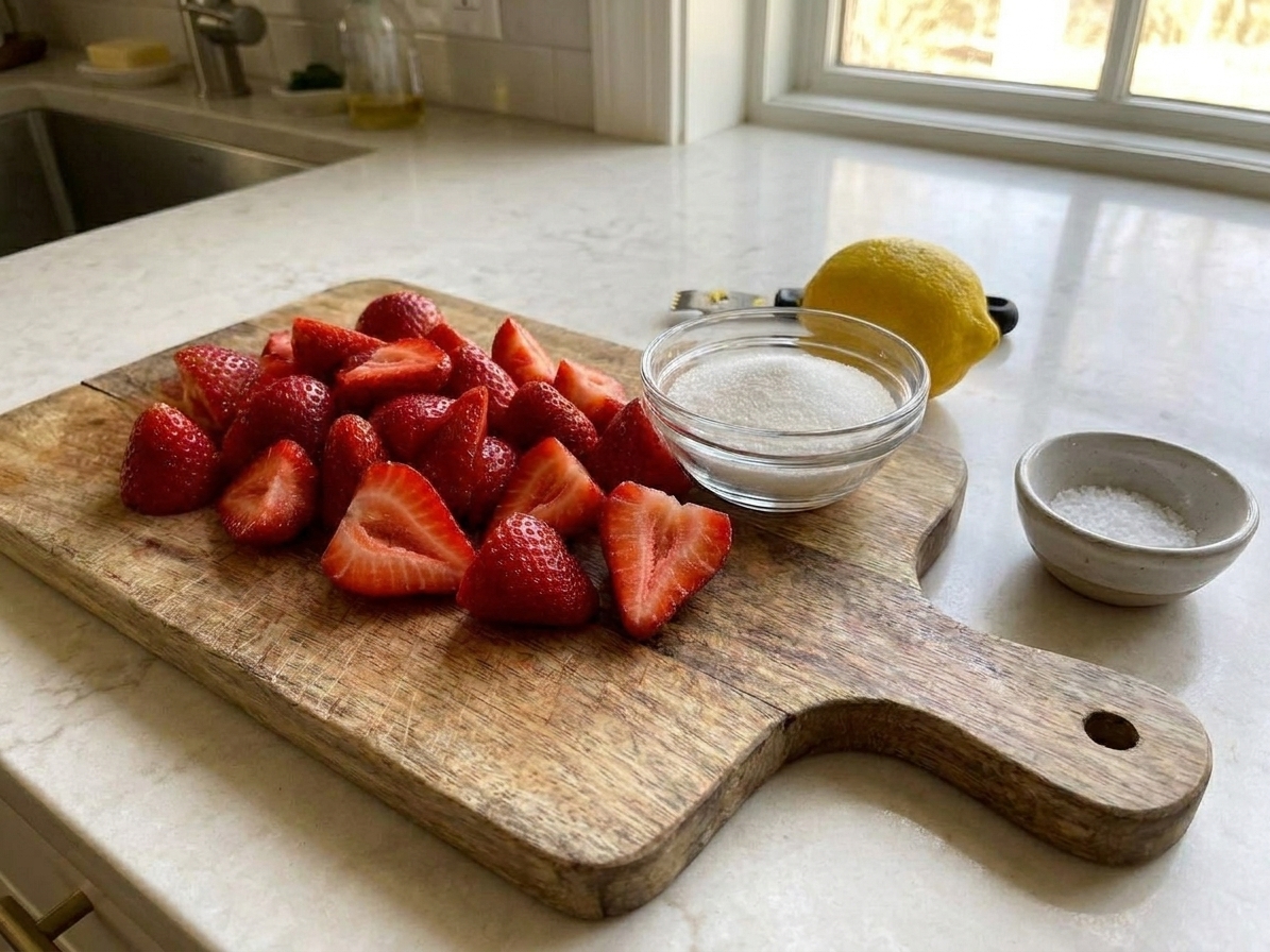 Fresh strawberries, granulated sugar, and a lemon arranged on a light kitchen counter with a small pinch bowl of salt nearby