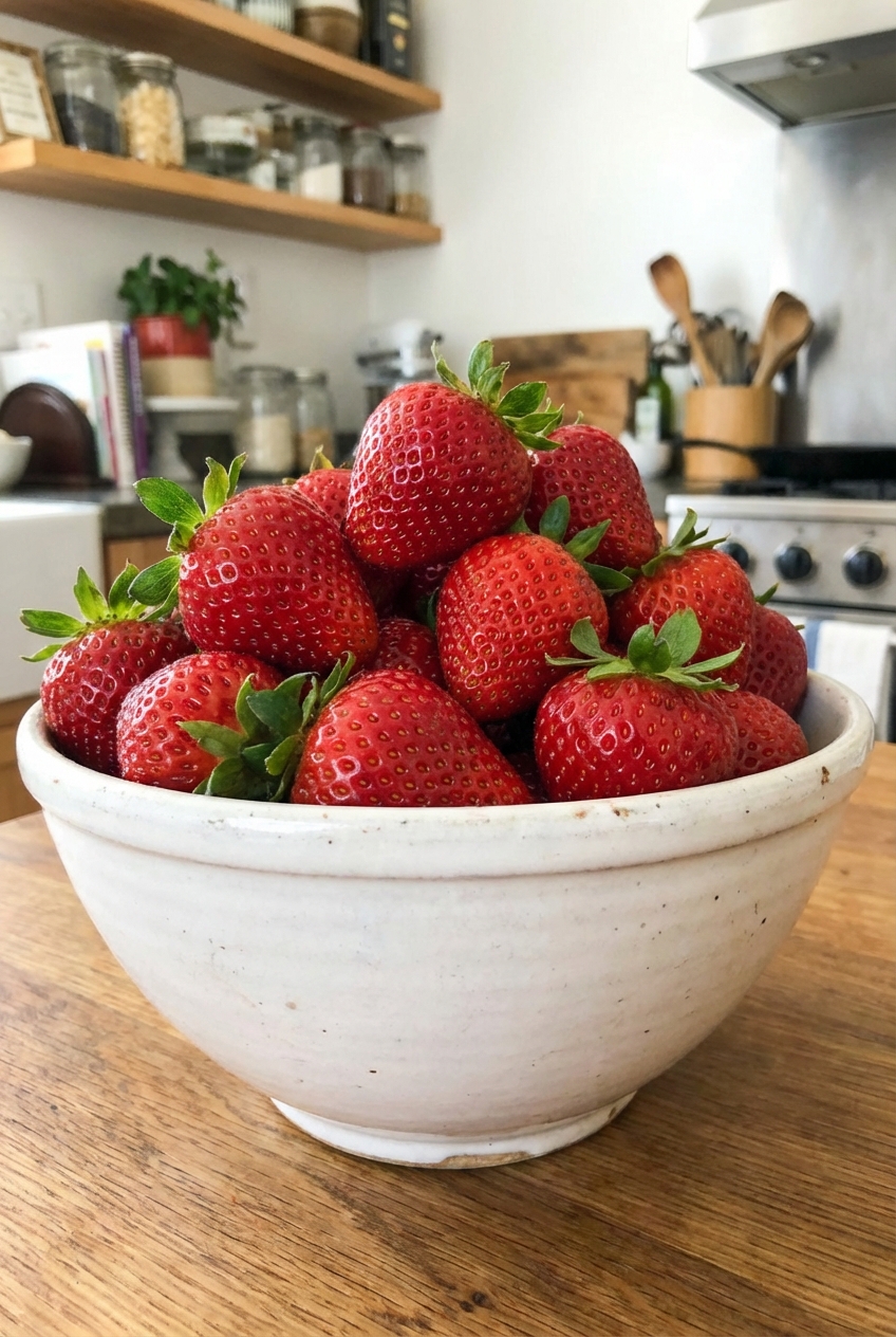Fresh strawberries in a white bowl on a table