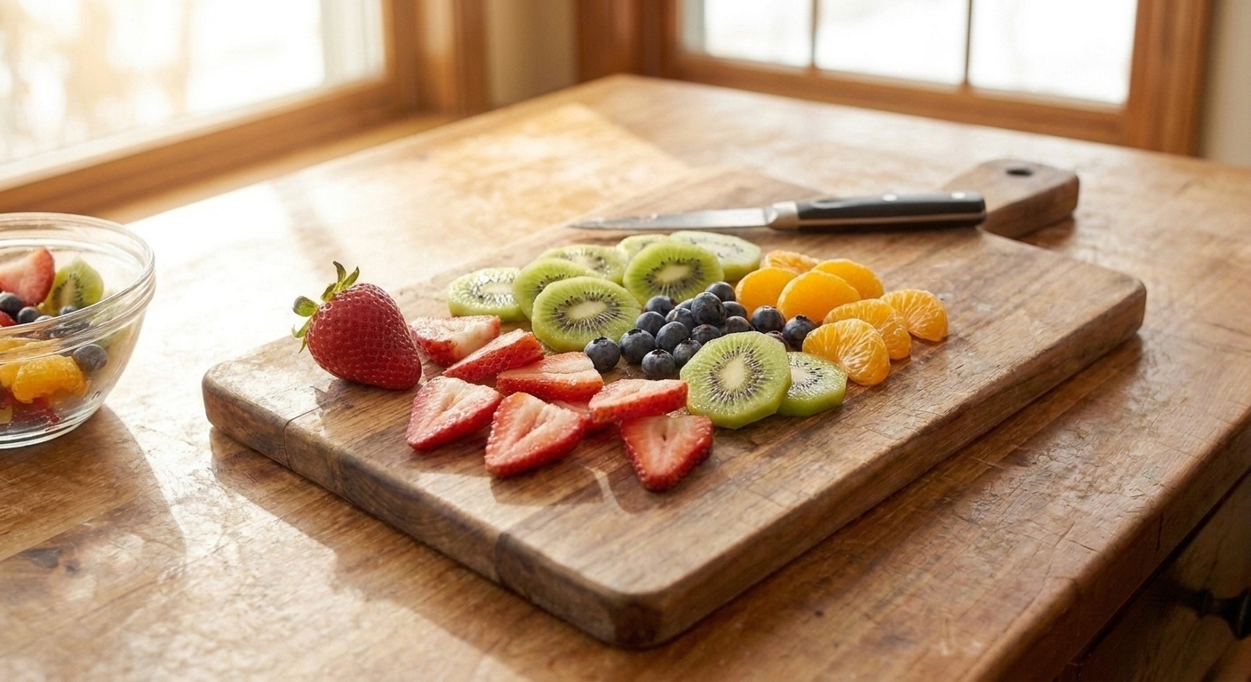 Fresh strawberries, kiwi, and other fruit sliced and arranged on a cutting board on a bright kitchen counter