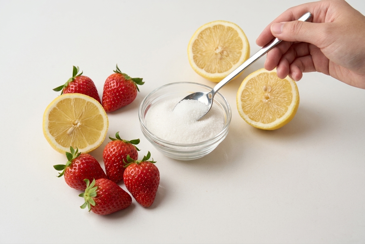Fresh strawberries, lemon halves, and a small bowl of sugar arranged on a light kitchen counter for making fruit syrup
