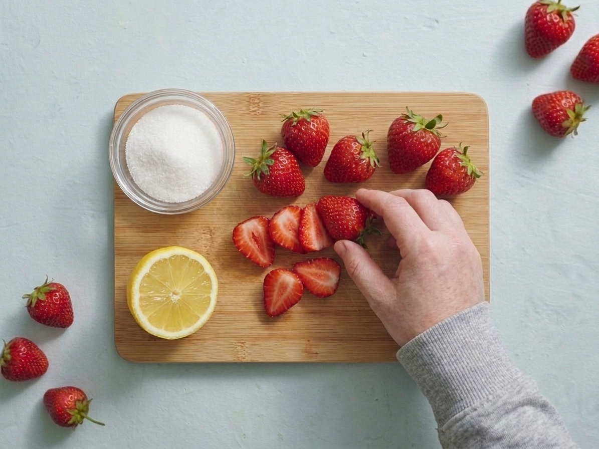 Fresh strawberries on a cutting board with a bowl of sugar and a halved lemon on a bright kitchen counter