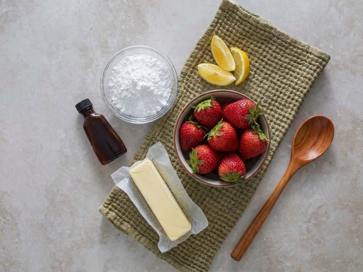 Fresh strawberries, powdered sugar, butter, vanilla, and lemon juice arranged on a clean kitchen counter
