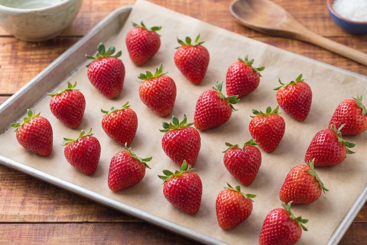 Fresh strawberries spread out in a single layer on a parchment lined baking sheet on a kitchen counter