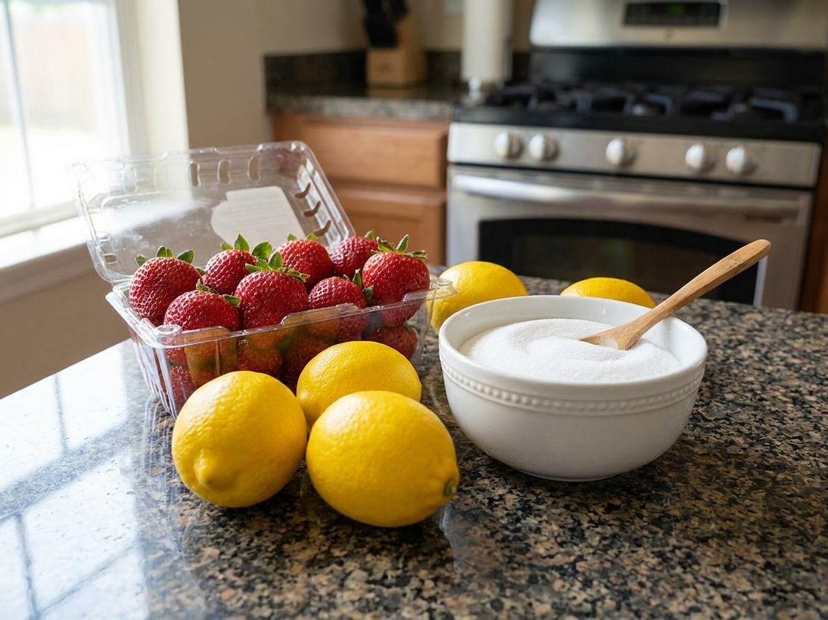 Fresh strawberries, whole lemons, and a bowl of sugar arranged on a light kitchen counter, ready for making strawberry lemonade