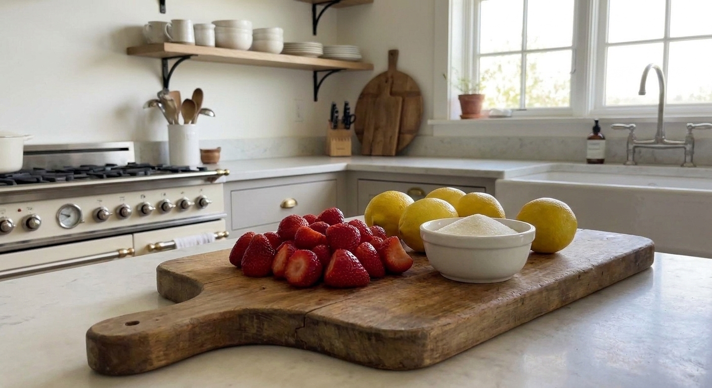 Fresh strawberries, whole lemons, and a small bowl of sugar arranged on a bright kitchen counter, ready for making sorbet