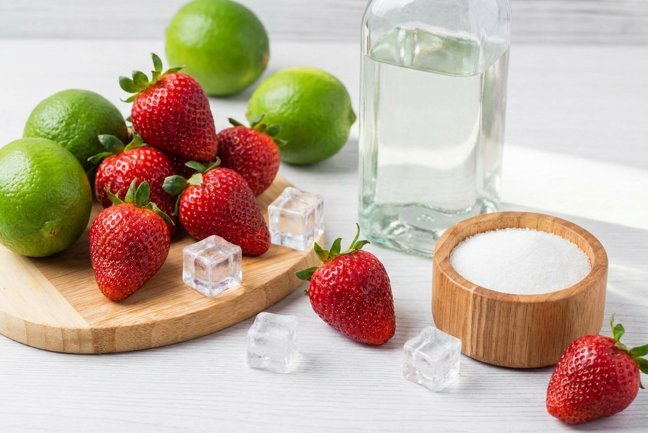 Fresh strawberries, whole limes, a bottle of white rum, a small bowl of sugar, and ice cubes arranged on a kitchen counter in natural light