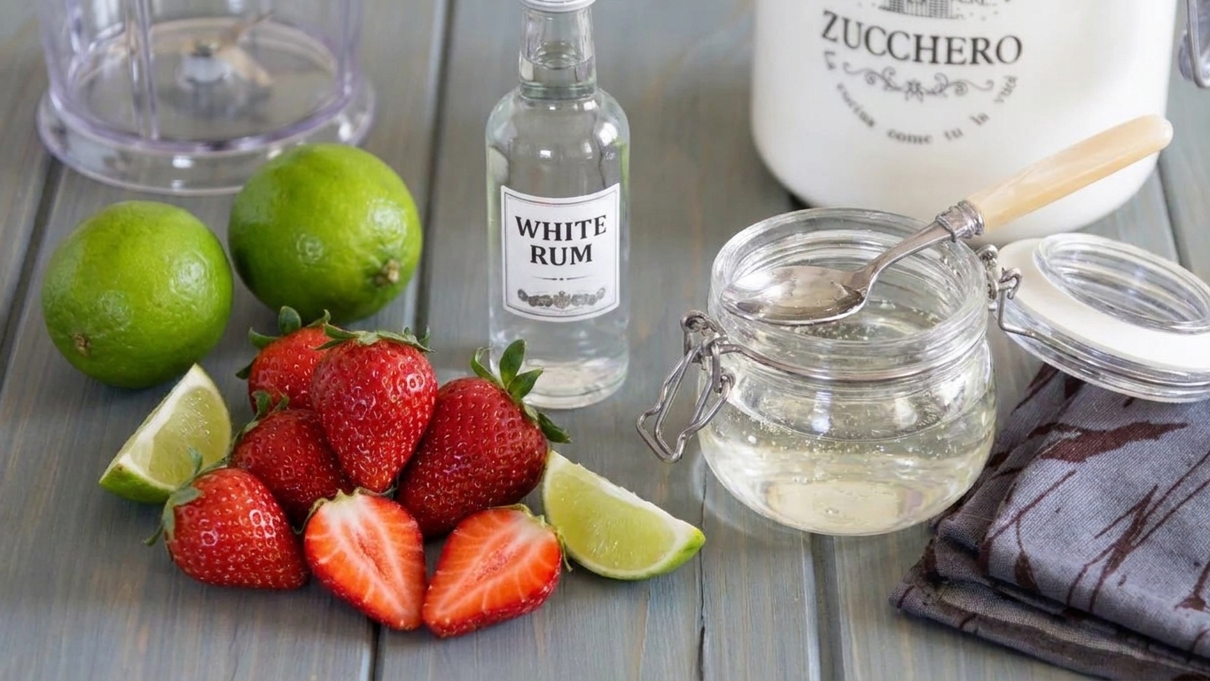 Fresh strawberries, whole limes, a small bottle of rum, and a small jar of simple syrup arranged on a clean kitchen counter