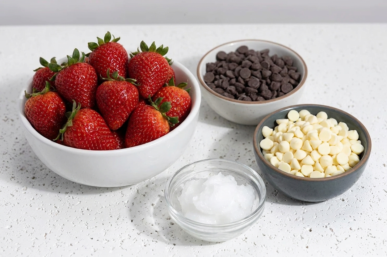 Fresh strawberries with bowls of dark chocolate chips and white chocolate chips and a small bowl of coconut oil on a light kitchen counter