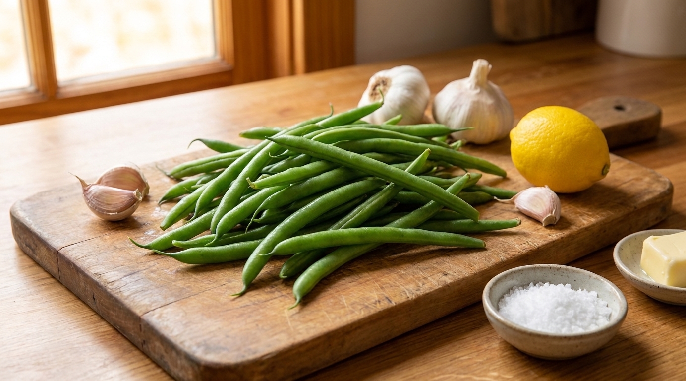 Fresh string beans on a cutting board with whole garlic cloves, a lemon, kosher salt, and butter arranged nearby on a kitchen counter