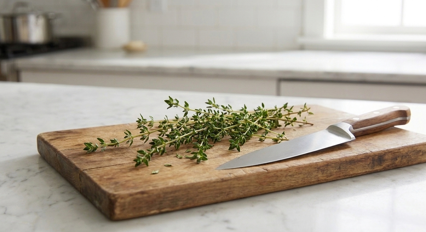 Fresh thyme sprigs scattered on a wooden cutting board next to a chef's knife on a bright kitchen counter