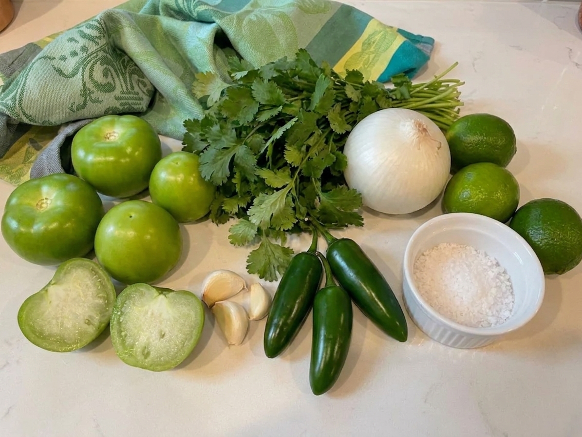 Fresh tomatillos, cilantro, jalapeños, onion, garlic, and limes arranged on a clean kitchen counter with a small bowl of salt