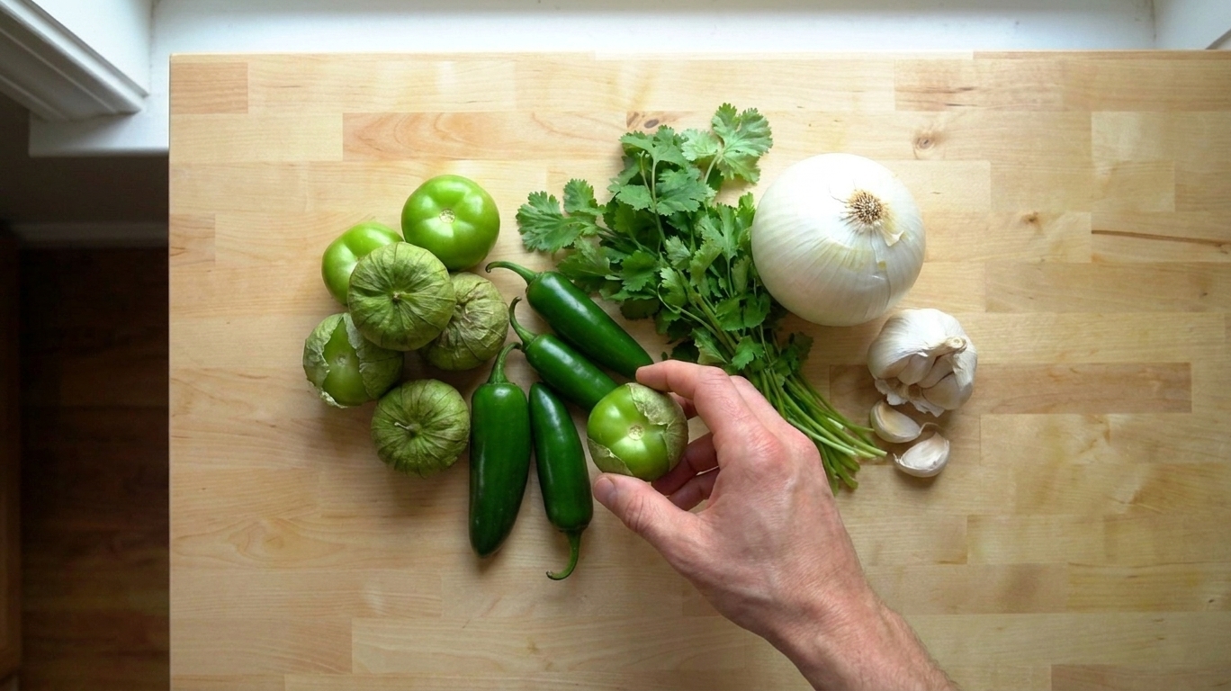 Fresh tomatillos, jalapeños, cilantro, onion, and garlic arranged on a light-colored kitchen counter in natural window light