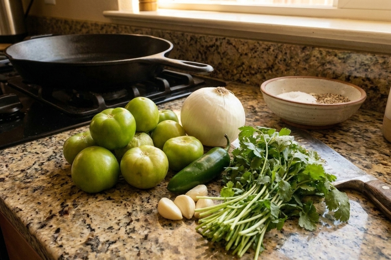 Fresh tomatillos with husks removed, a white onion, a jalapeno, garlic, and cilantro arranged on a clean kitchen counter