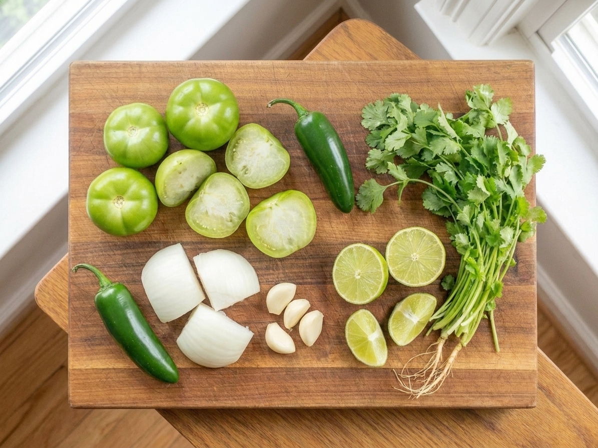 Fresh tomatillos with husks removed on a kitchen counter next to a jalapeño, white onion, garlic cloves, cilantro, and limes, ready for salsa prep