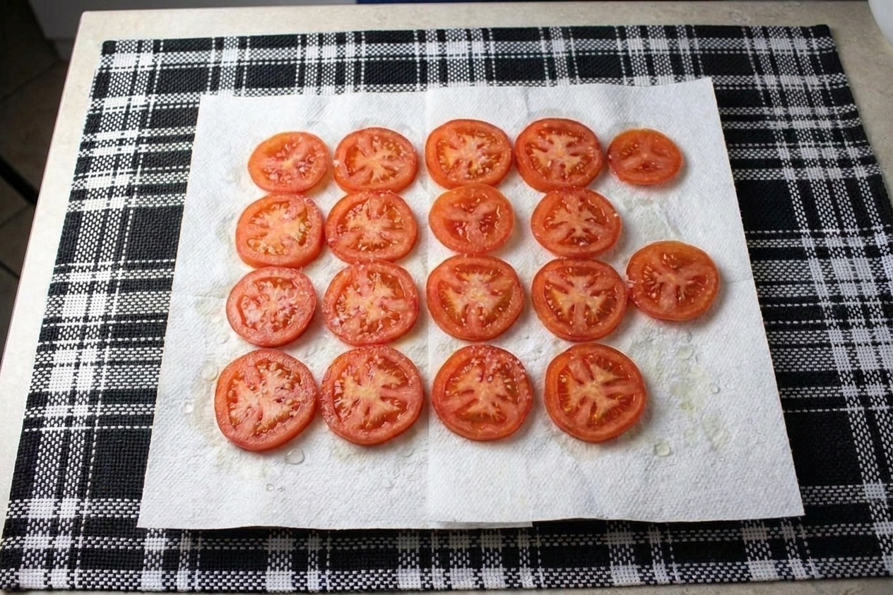Fresh tomato slices laid on paper towels and lightly salted to draw out moisture on a kitchen counter