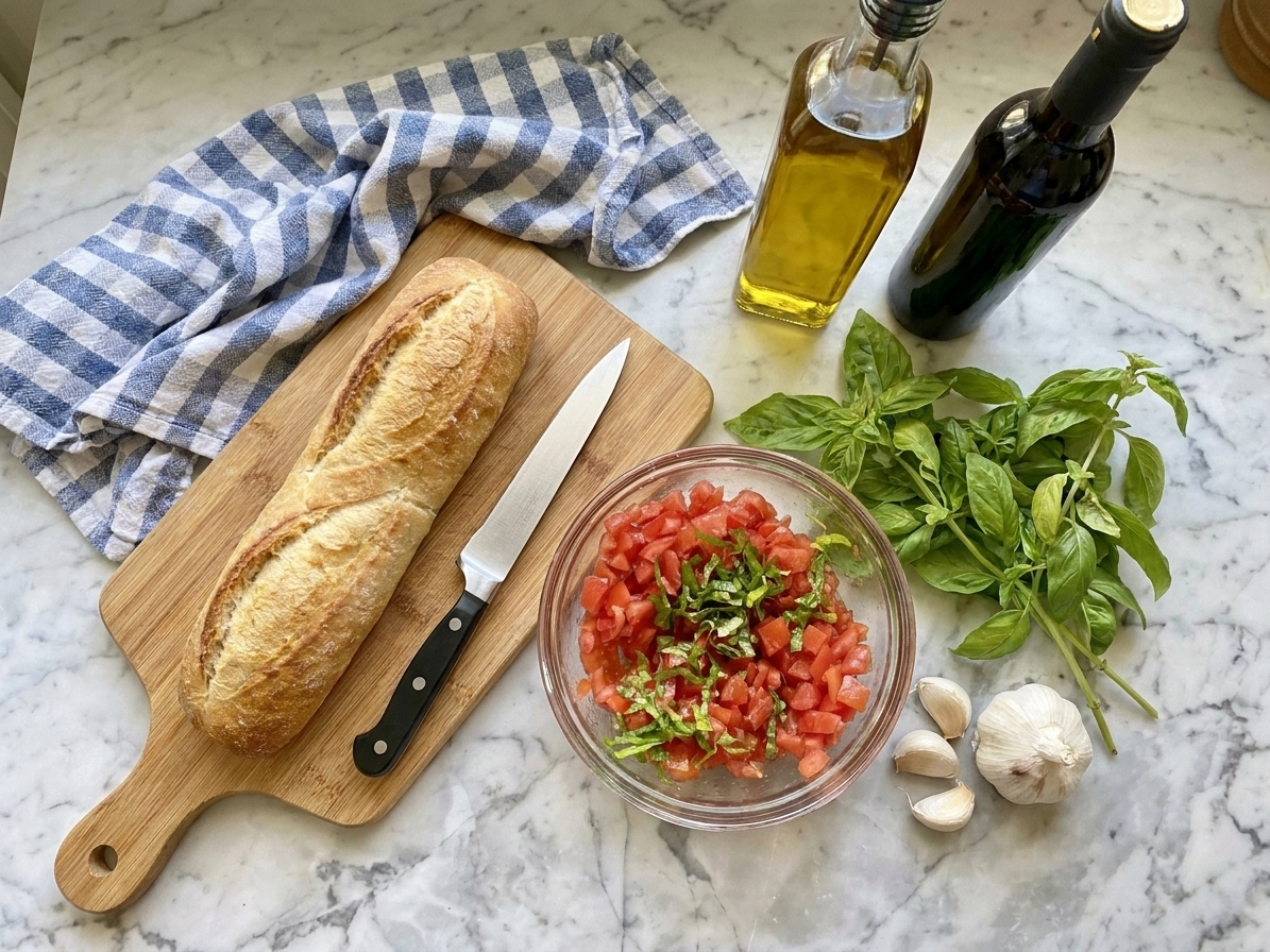 Fresh tomatoes, basil, garlic, olive oil, balsamic vinegar, and a baguette arranged on a clean kitchen counter with a cutting board