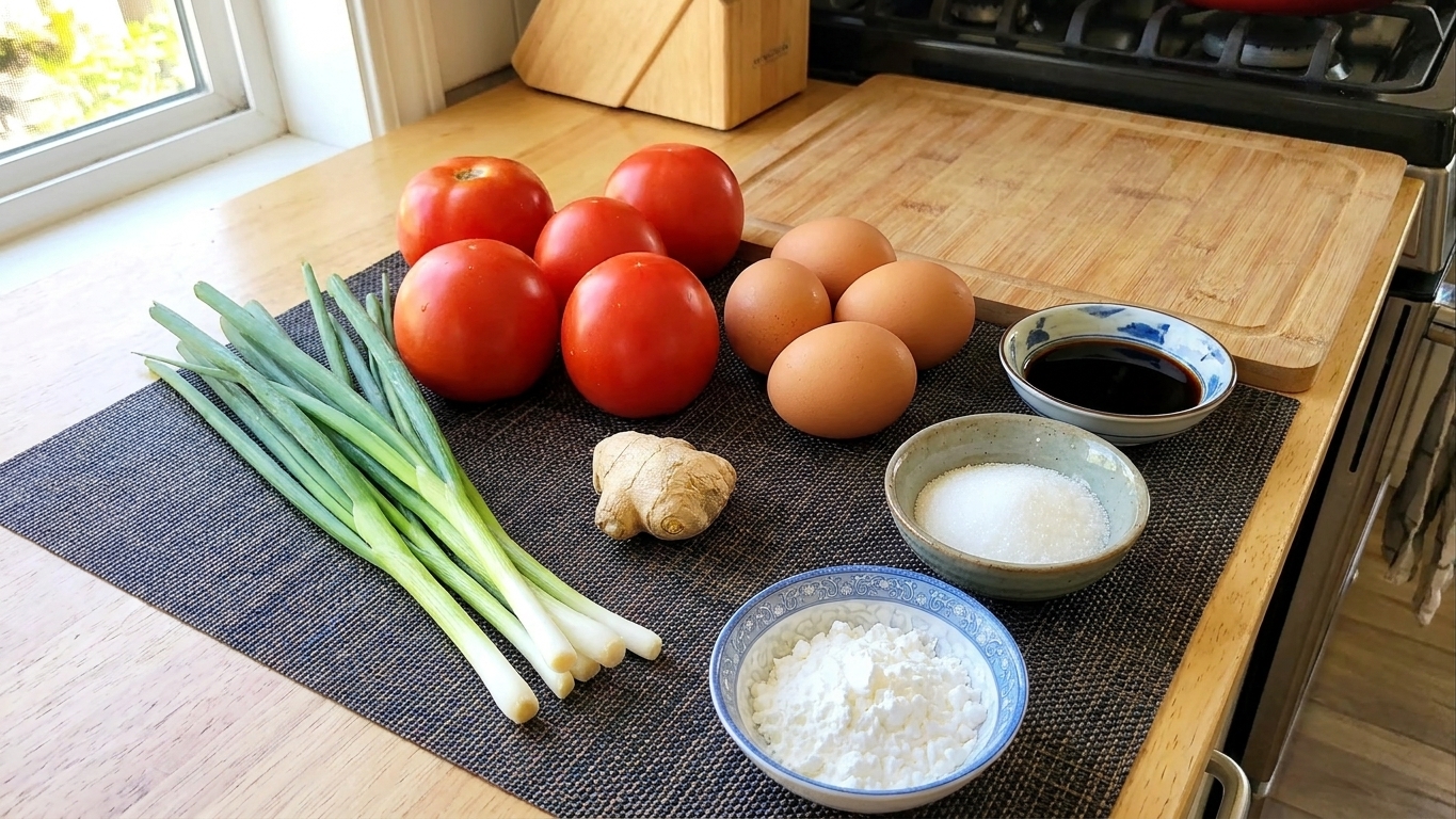 Fresh tomatoes, eggs, scallions, and a small knob of ginger arranged on a kitchen counter beside small bowls of soy sauce, sugar, and cornstarch