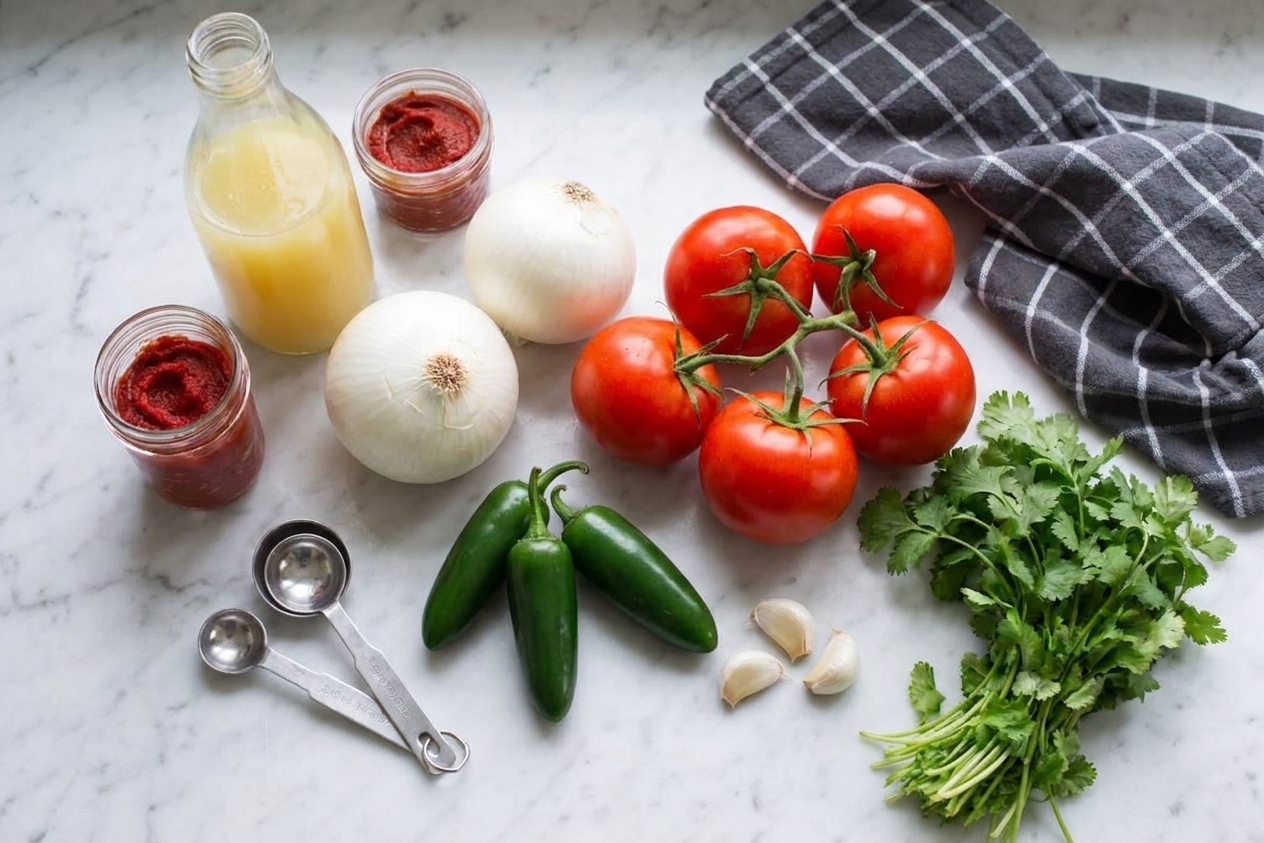 Fresh tomatoes, onions, jalapeños, garlic, cilantro, bottled citrus juice, and tomato paste set out on a counter with measuring spoons nearby