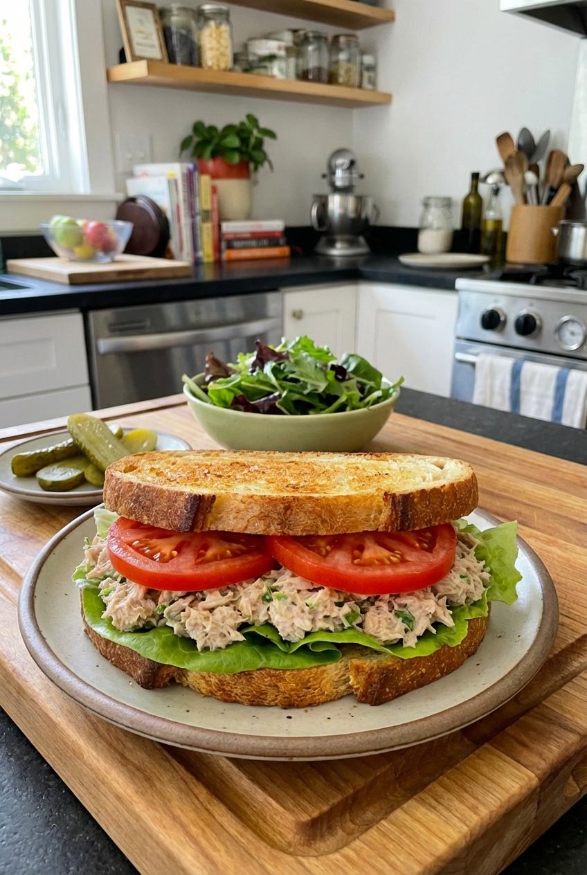 Fresh tuna salad served on toasted bread with lettuce and tomato