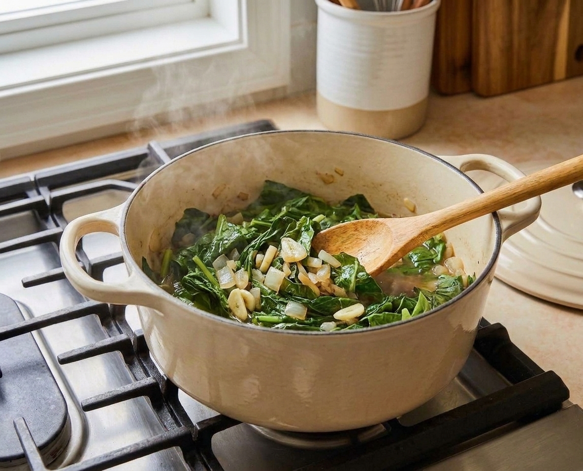 Fresh turnip greens wilting down in a Dutch oven as they are stirred with onions and garlic