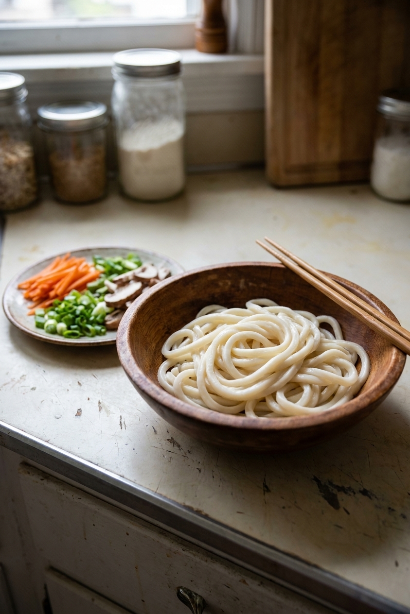 Fresh udon noodles coiled in a wooden bowl on a kitchen countertop next to sliced vegetables, real food photography