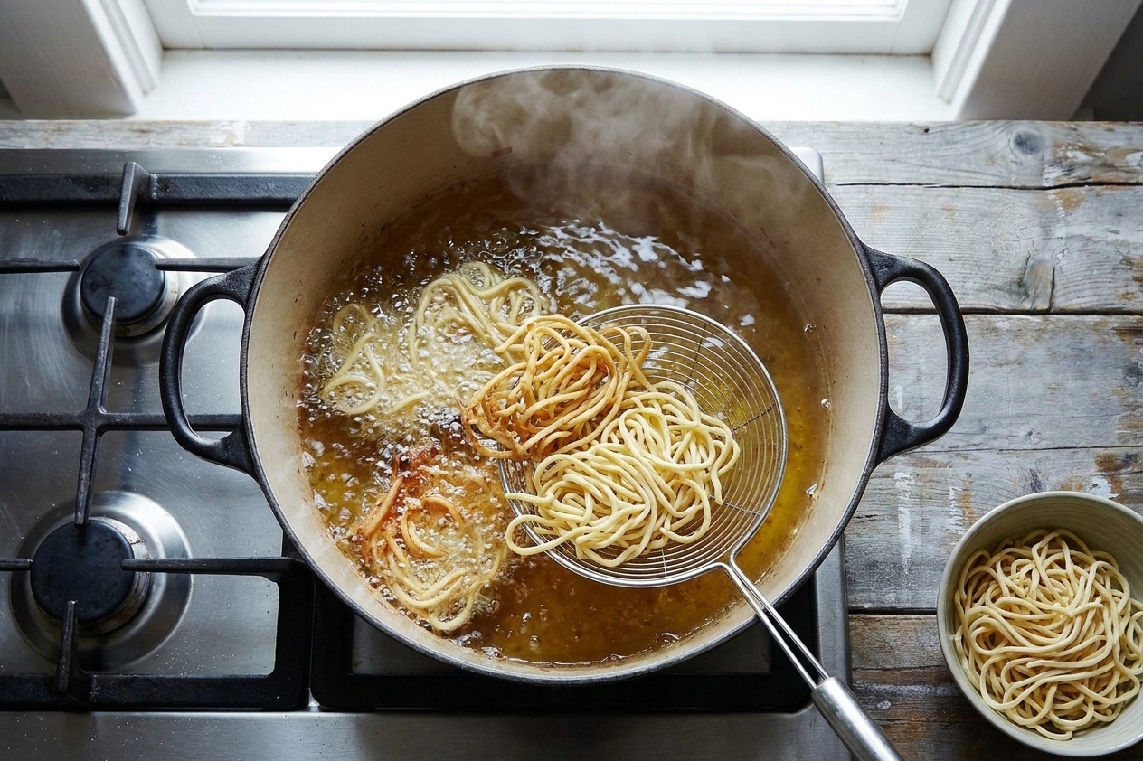 Fresh uncooked egg noodles frying in hot oil, turning golden and crisp as they cook