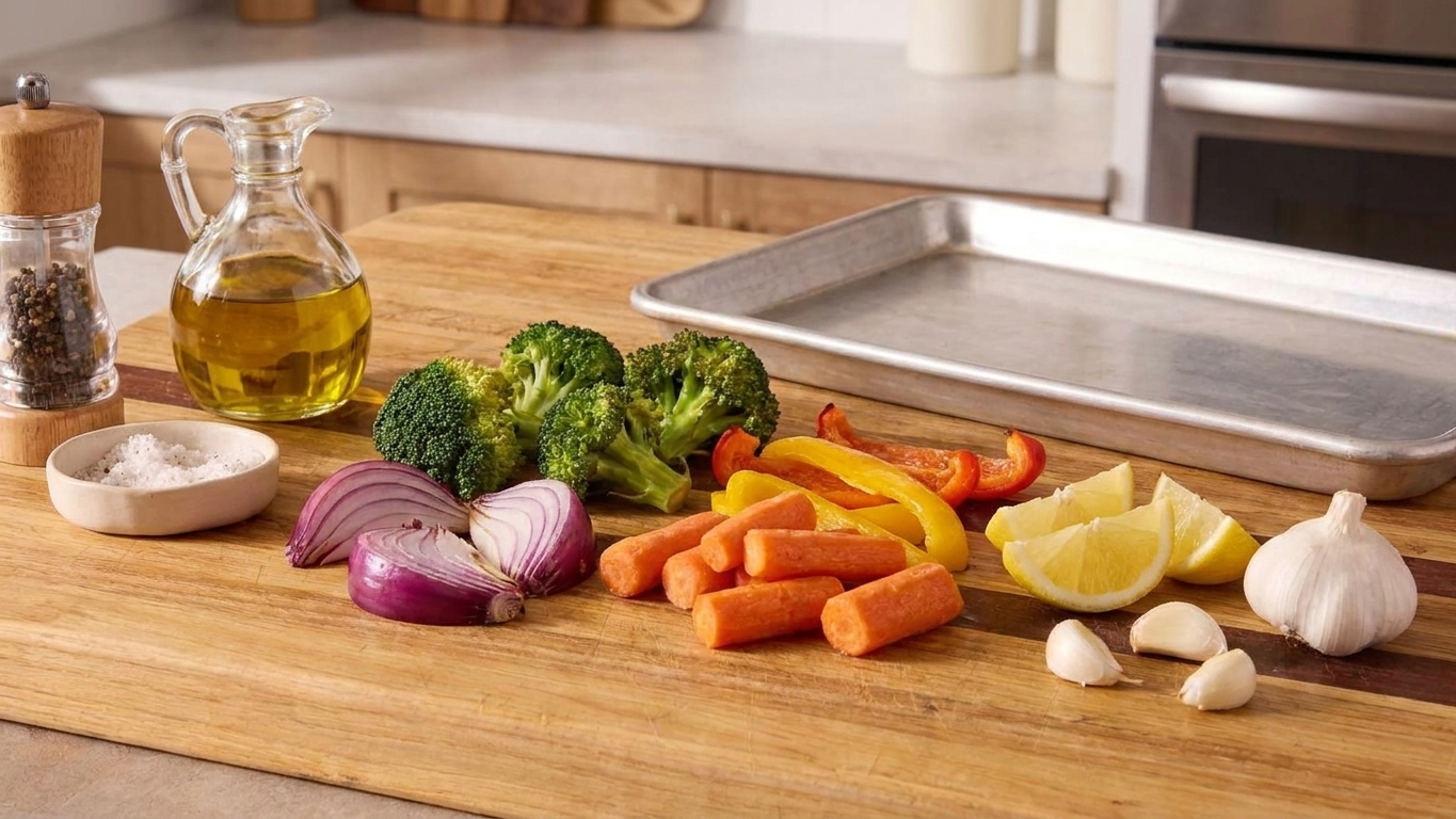 Fresh vegetables, olive oil, salt, pepper, lemon, and garlic arranged on a clean kitchen counter with a rimmed baking sheet nearby