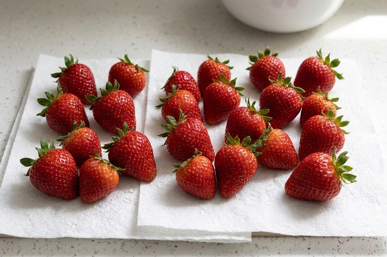 Fresh washed strawberries spread on paper towels on a light stone kitchen counter