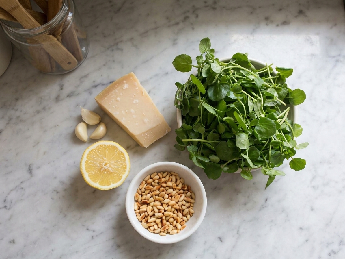 Fresh watercress, garlic cloves, a lemon, Parmesan cheese, and toasted pine nuts arranged on a light stone kitchen counter