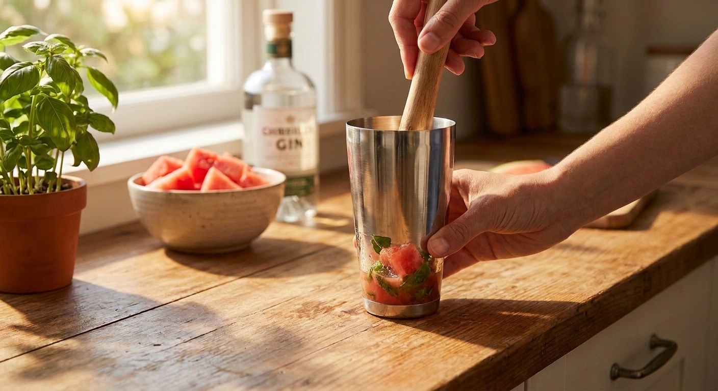 Fresh watermelon cubes and basil leaves being muddled inside a cocktail shaker on a bright kitchen counter