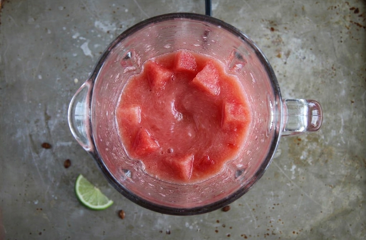 Fresh watermelon cubes being blended into a smooth puree in a countertop blender