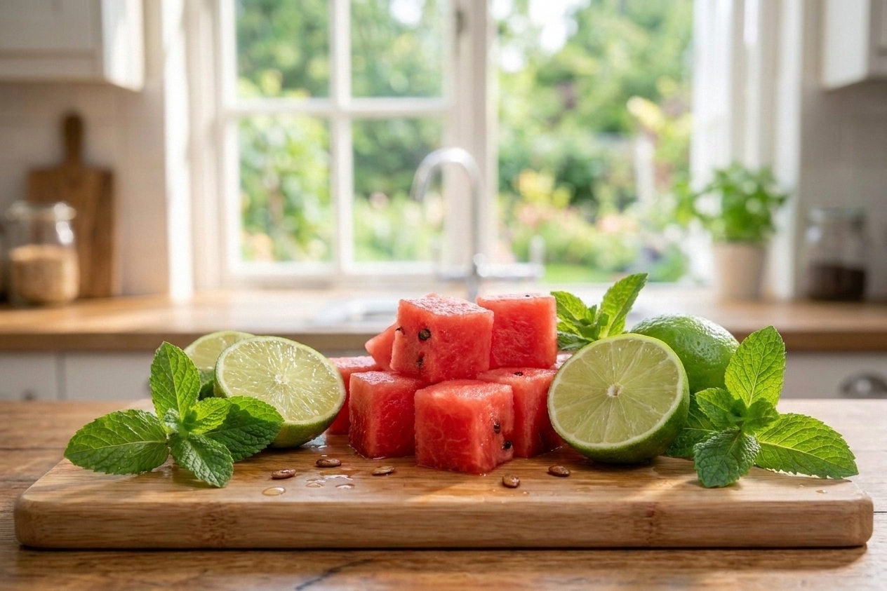 Fresh watermelon cubes, halved limes, and mint sprigs arranged on a wooden cutting board on a bright kitchen counter