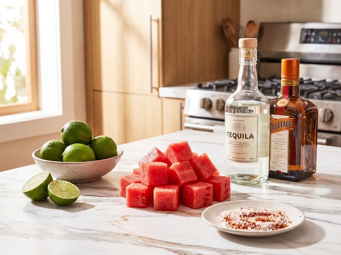 Fresh watermelon cubes, limes, tequila, orange liqueur, and salt arranged on a clean kitchen counter with bright natural light