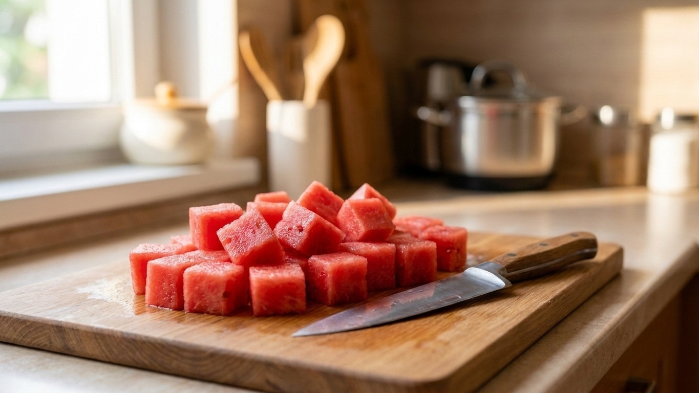 Fresh watermelon cubes piled on a wooden cutting board with a chef's knife beside them on a bright kitchen counter