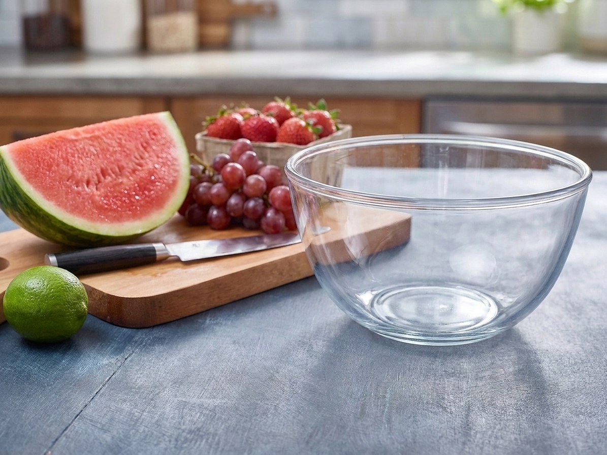 Fresh watermelon, strawberries, grapes, and a lime arranged on a clean kitchen counter next to a large mixing bowl