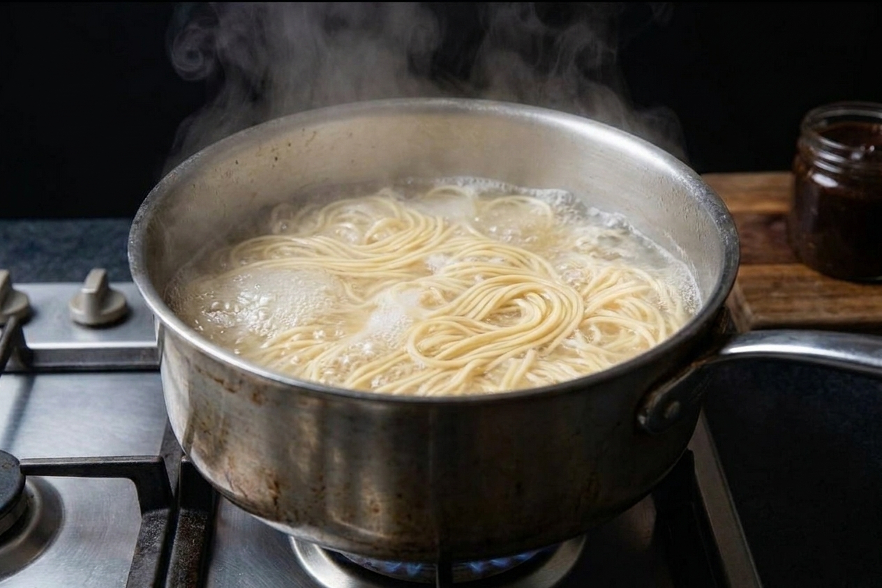 Fresh wheat noodles boiling in a pot of water on a stovetop
