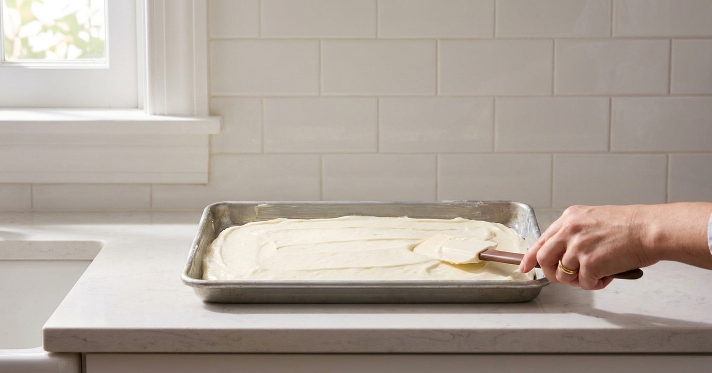 Fresh white cake batter spread evenly in a greased rectangular baking pan on a kitchen counter