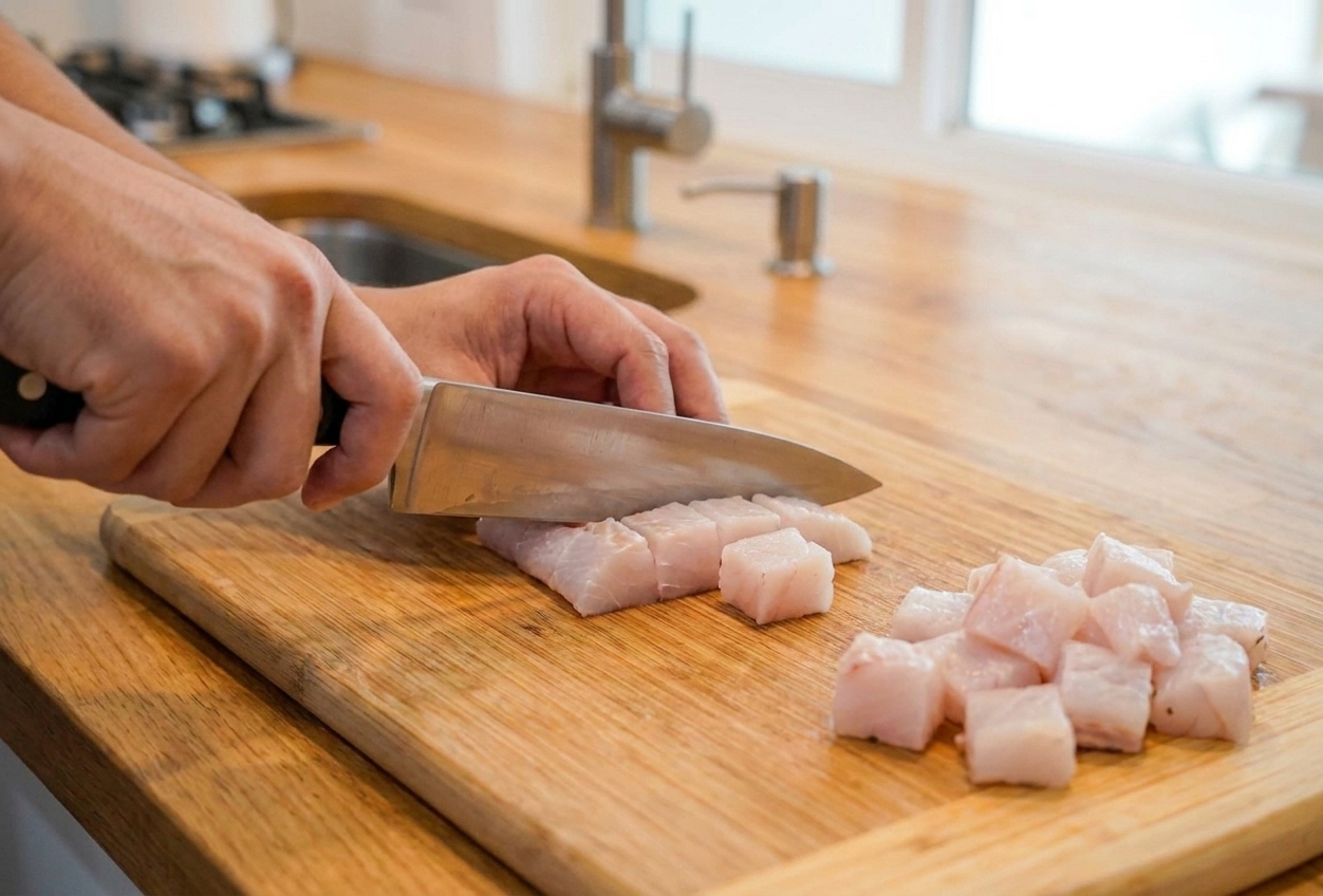 Fresh white fish cut into neat half-inch cubes on a cutting board with a sharp knife nearby
