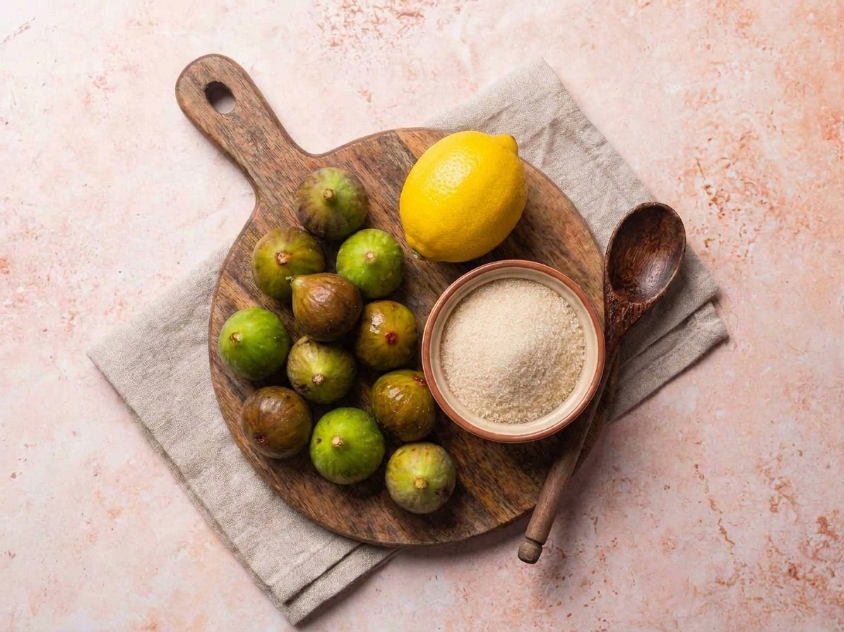 Fresh whole figs, a lemon, and a bowl of sugar arranged on a wooden cutting board on a bright kitchen counter