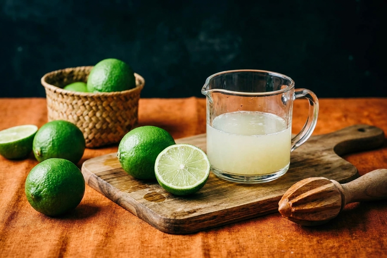 Fresh whole limes, a halved lime, and a glass measuring cup of freshly squeezed lime juice on a clean kitchen counter