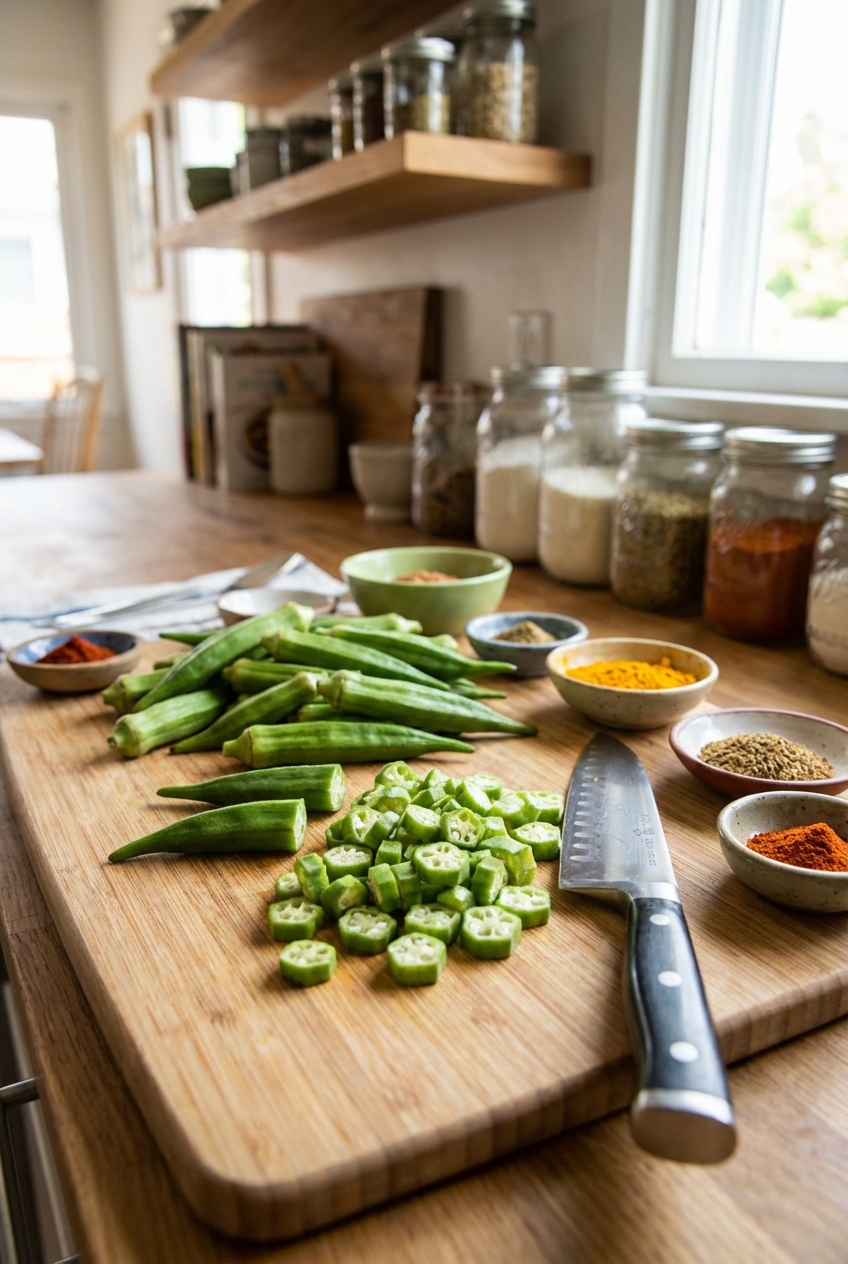 Fresh whole okra and sliced okra on a cutting board next to a knife and small bowls of spices