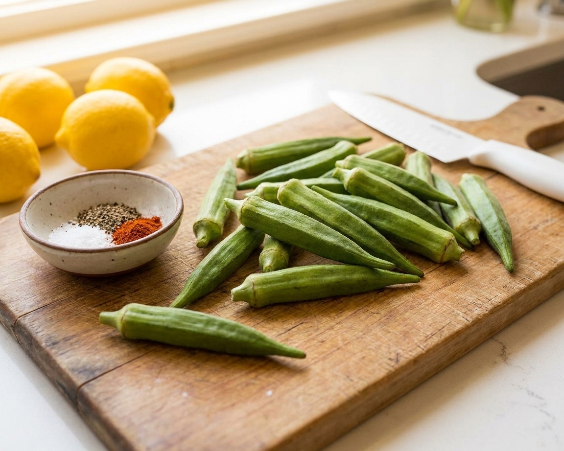 Fresh whole okra scattered on a wooden cutting board beside a small bowl of salt and spices on a bright kitchen counter
