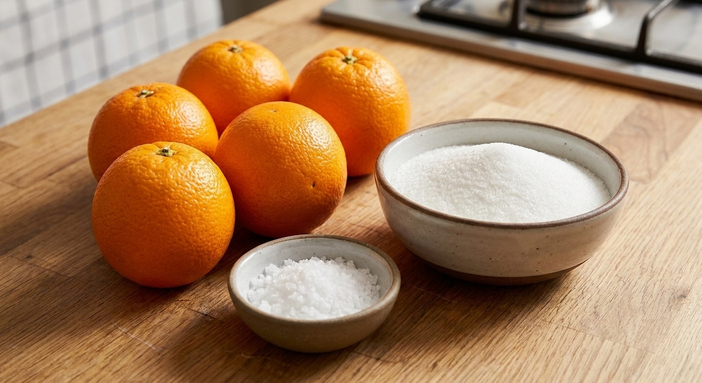 Fresh whole oranges, a bowl of granulated sugar, and a small bowl of salt arranged on a clean kitchen counter, ready for cooking
