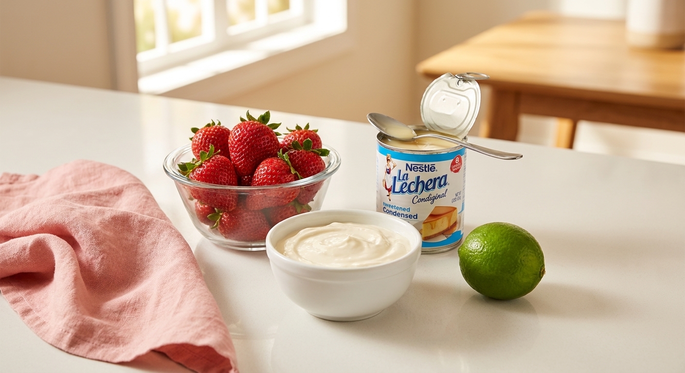 Fresh whole strawberries, a can of sweetened condensed milk, a carton of Mexican crema, and a lime arranged on a clean kitchen counter under warm natural light