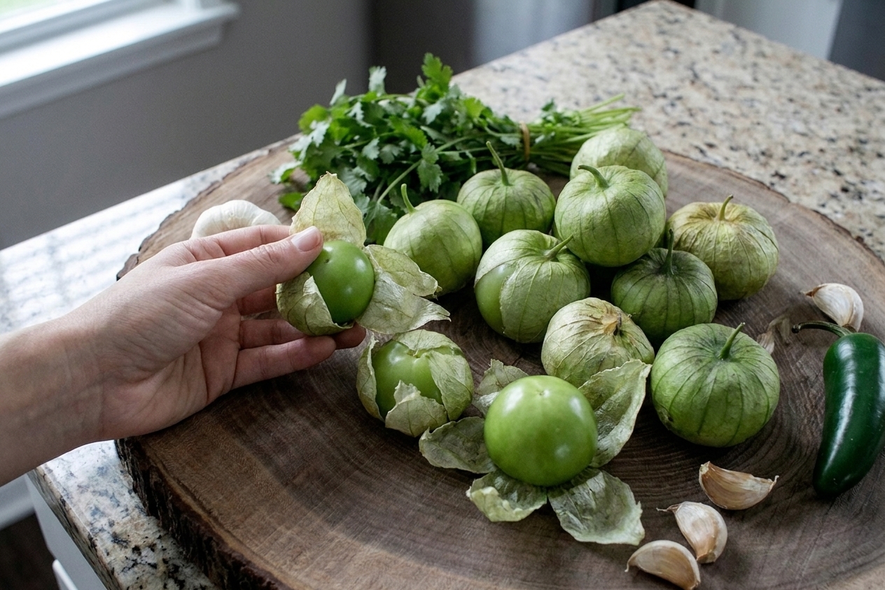 Fresh whole tomatillos with papery husks partially removed on a wooden cutting board on a home kitchen counter