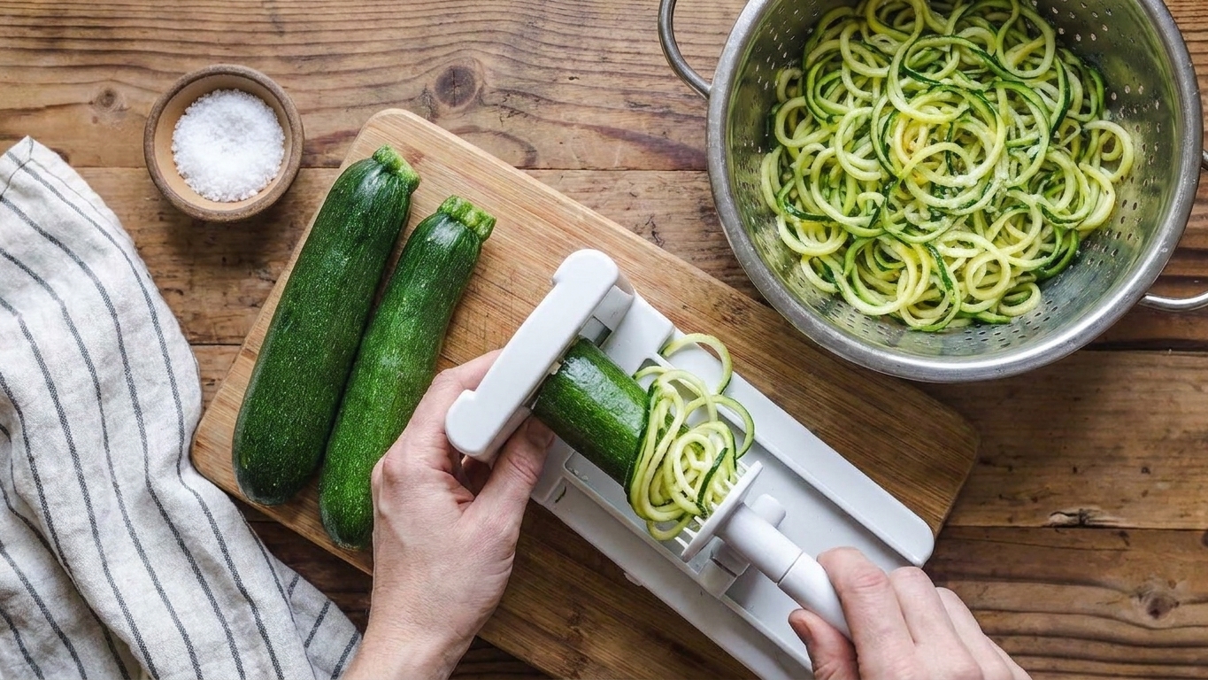 Fresh whole zucchinis next to a spiralizer on a clean kitchen countertop with a cutting board and a small bowl of salt