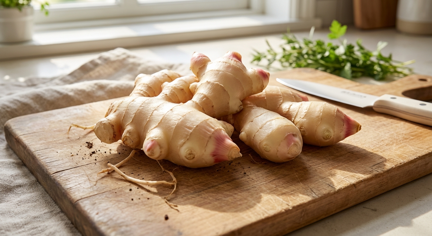 Fresh young ginger roots with smooth thin skin and pink-tinged tips on a wooden cutting board, close-up, photorealistic kitchen scene