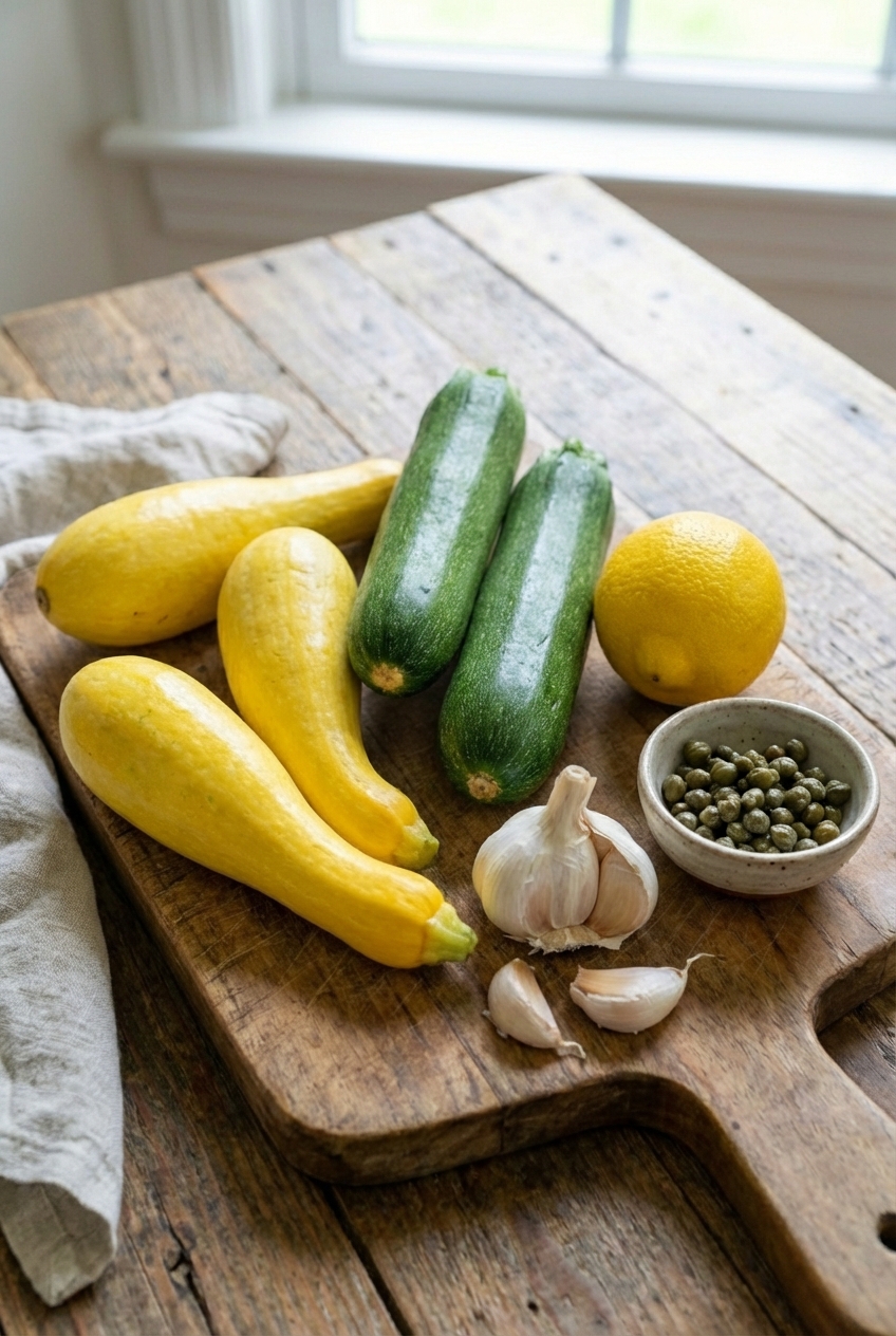 Fresh zucchini and yellow squash on a cutting board with a lemon, garlic, and a small bowl of capers