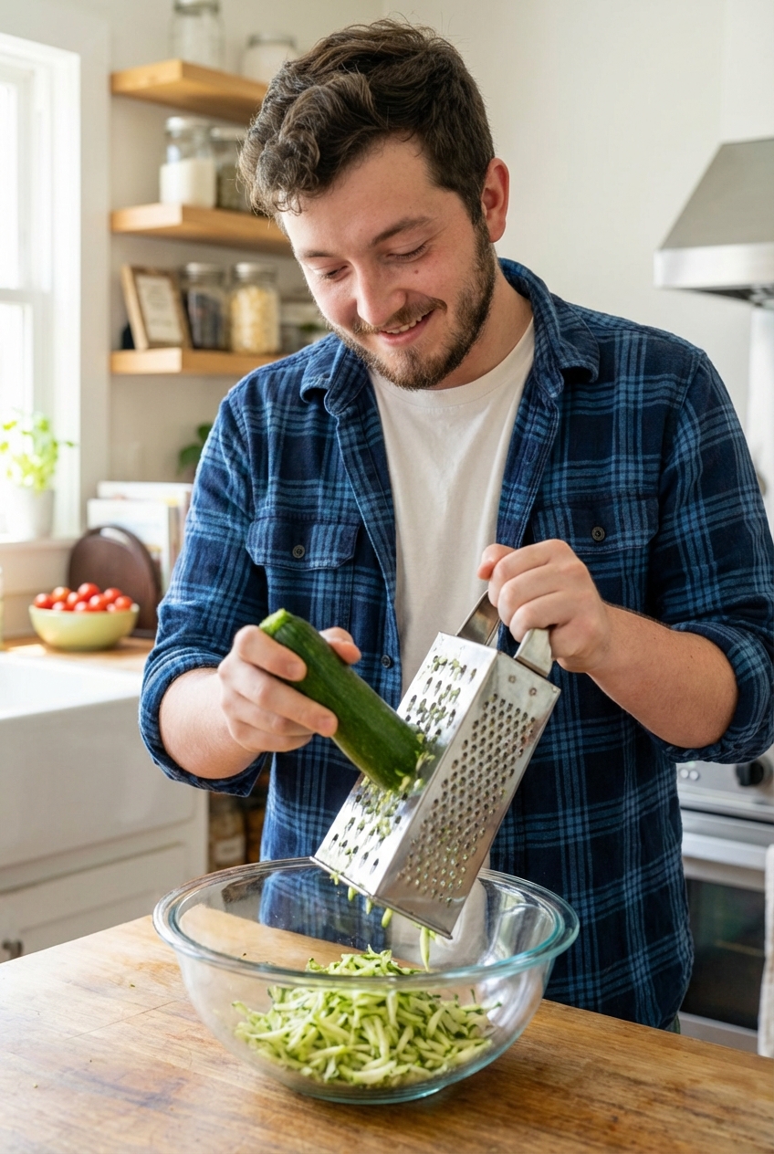 Fresh zucchini being grated on a box grater over a mixing bowl on a kitchen counter