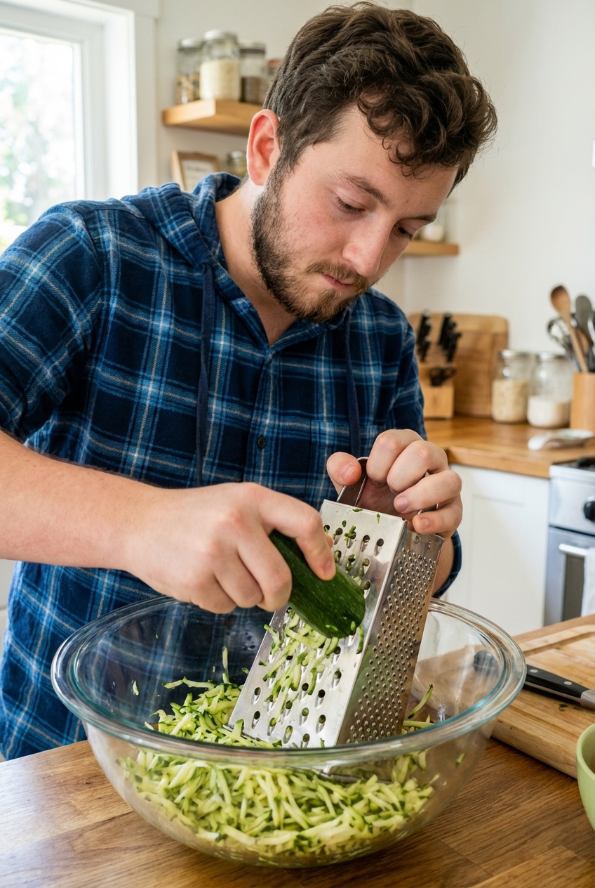 Fresh zucchini being grated on a box grater over a large mixing bowl